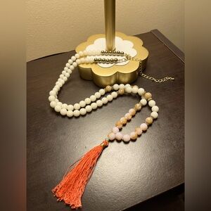 Blush Pink tassel Beaded necklace Gold tone chain 24”NWOT